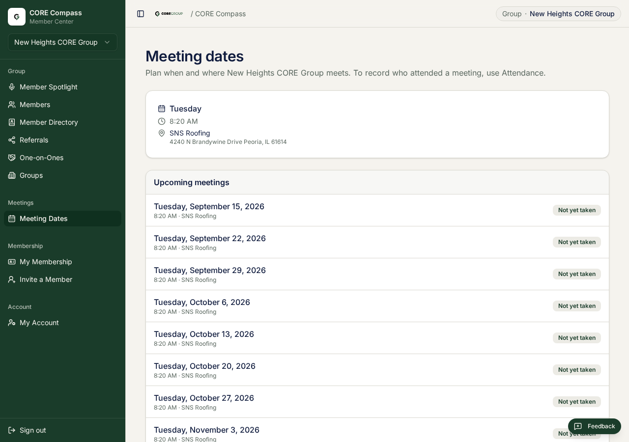 The meeting dates page listing upcoming weekly meetings with day, time and location