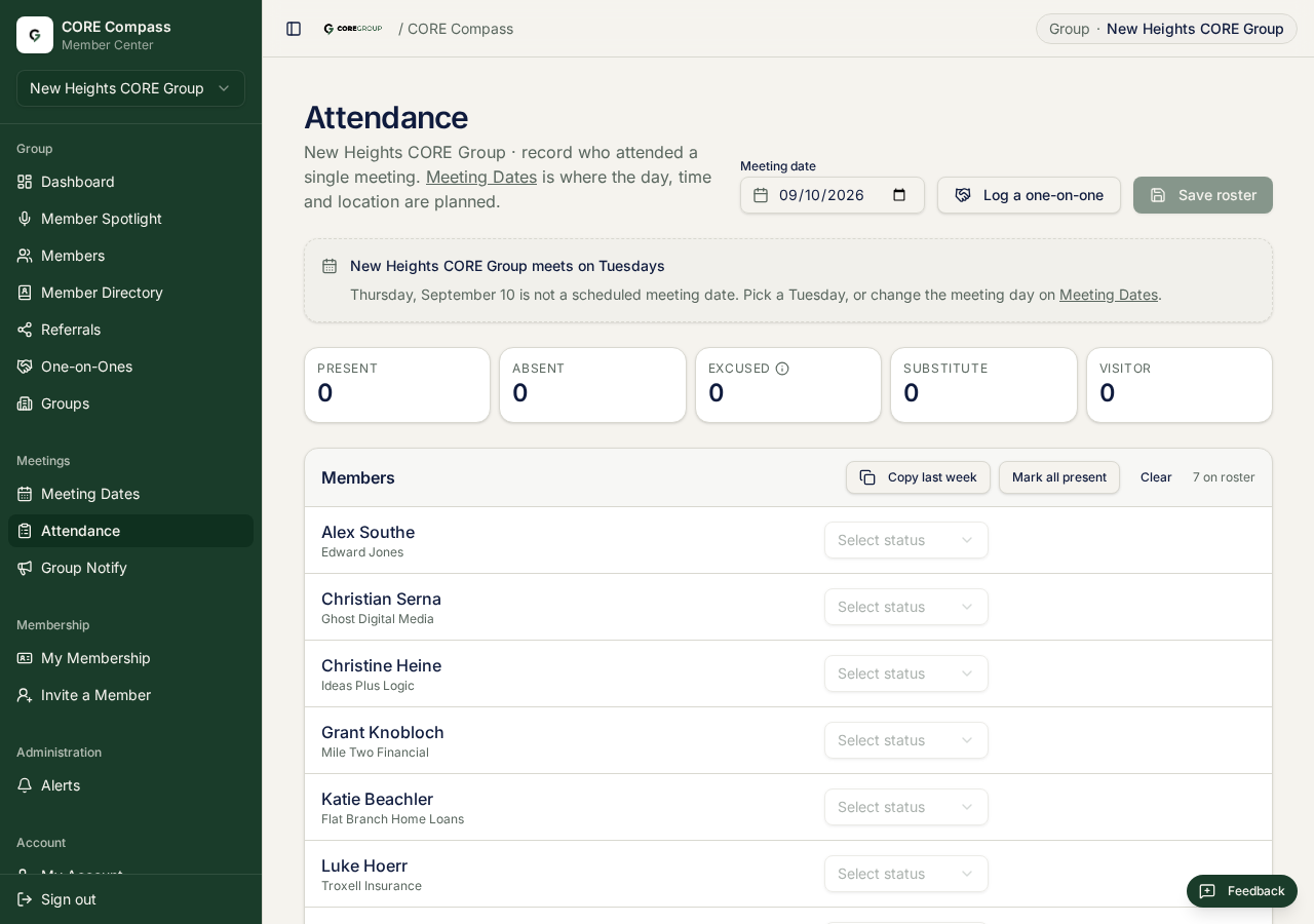 The weekly attendance sheet with present, absent, excused, substitute and visitor options