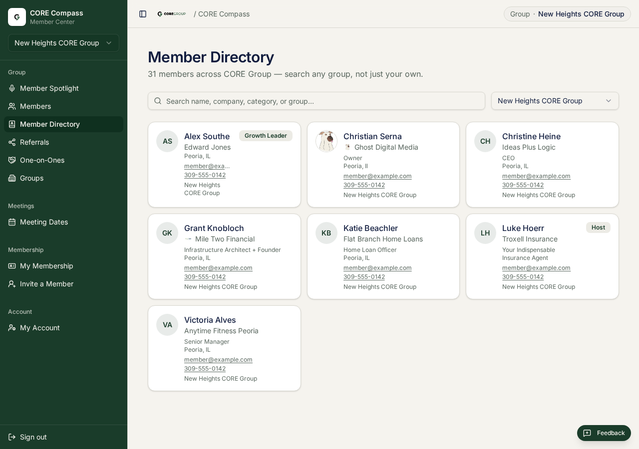 The member directory with photos, companies, roles and contact details