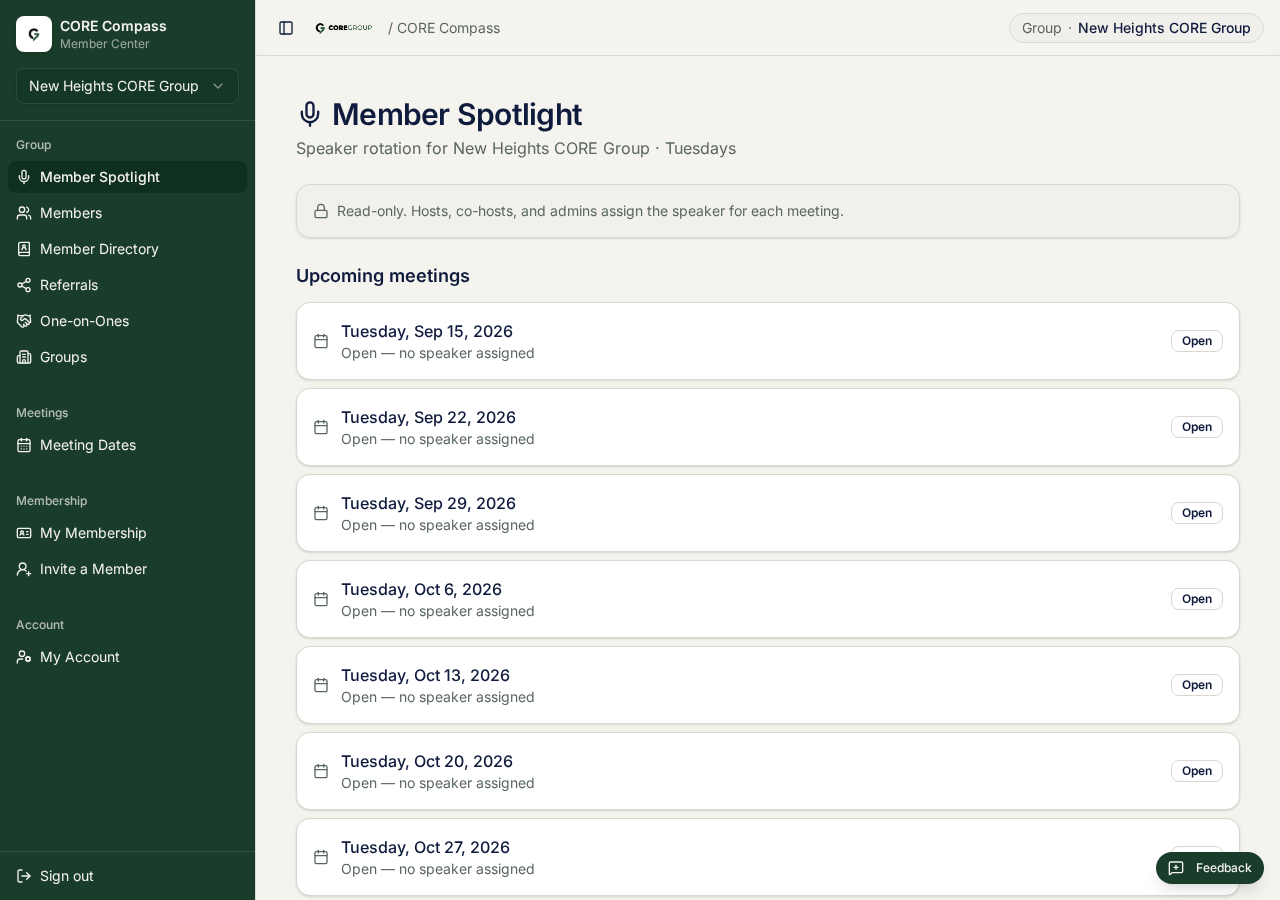 The member spotlight page showing the speaker rotation for upcoming meetings