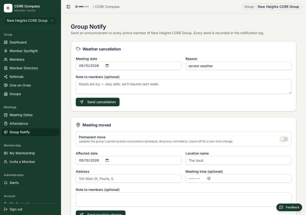 The group notify page with weather cancellation and meeting moved announcements