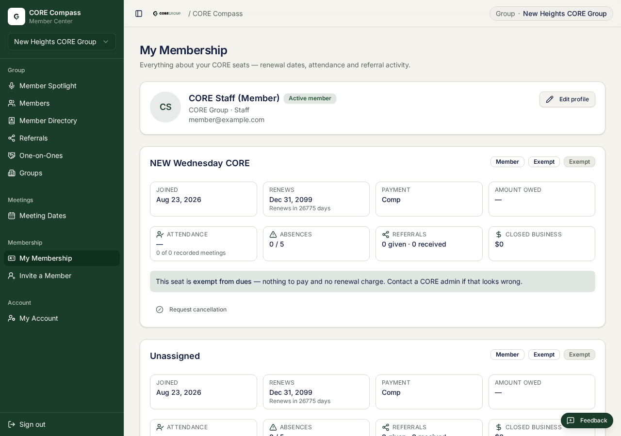 The My Membership page showing seat status, renewal date, attendance and referral activity